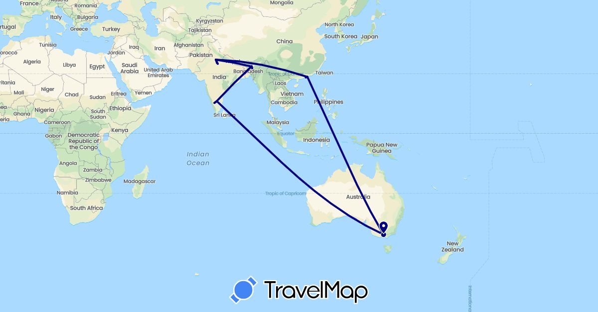 TravelMap itinerary: driving in Australia, China, India (Asia, Oceania)